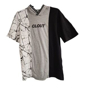 Distortion Mens Sz M Hooded T Shirt With "Clout " Print Short Sleeve V Neck